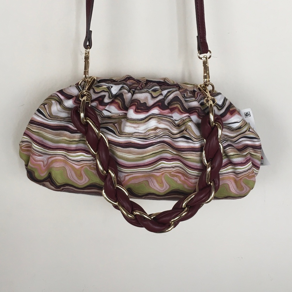 Stylish Swirl-Print Shoulder Bag in Multi and Burgundy
